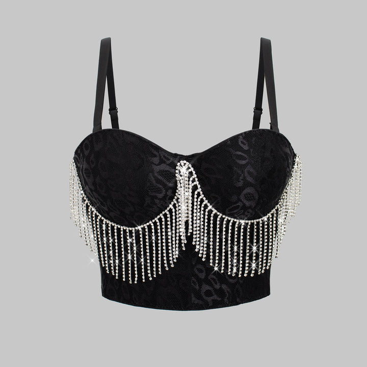 Sexy Belly Dance Costume Diamond Embedded Tassel Suspender Vest Outer Wear Slimming Boning Corset Wrapped Chest