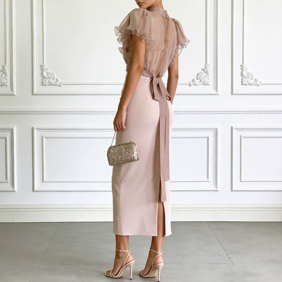 Fashionable Sheer Mesh Lace up Waist Controlled Top Strap Sheath Dress