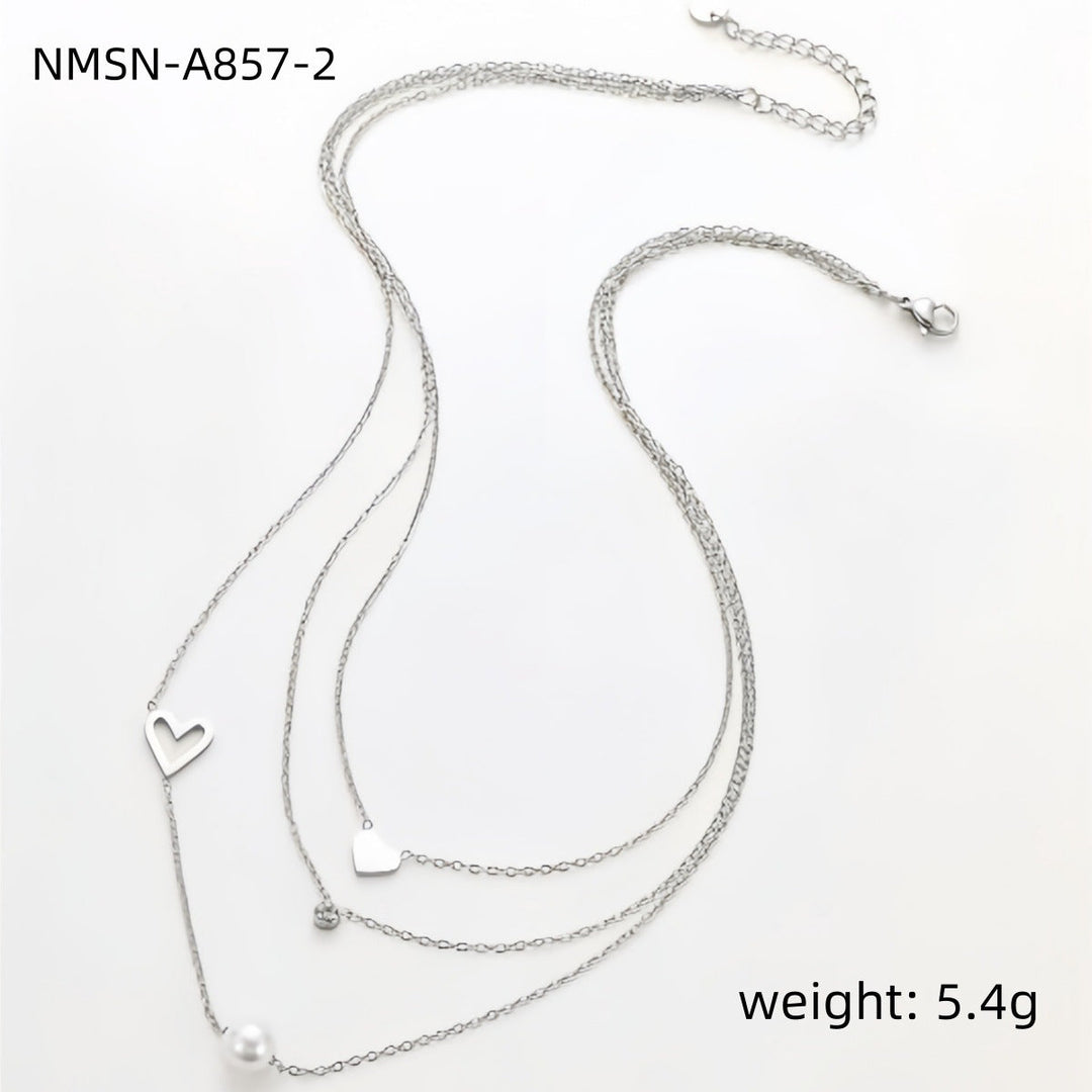 Fashionable Simple 18K Gold Stainless Steel Lovely Pearl Zircon Clavicle Three Chain Twin Necklace for Women