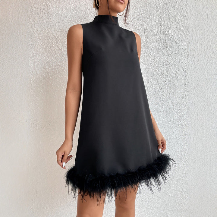Half Turtleneck Sleeveless Frayed Hem Slimming A line Short