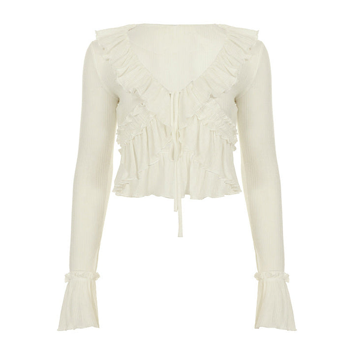 Women Streetwear Solid Color Semi See through Ruffled Tied Cardigan Irregular Asymmetric Long Sleeve V neck Blouse