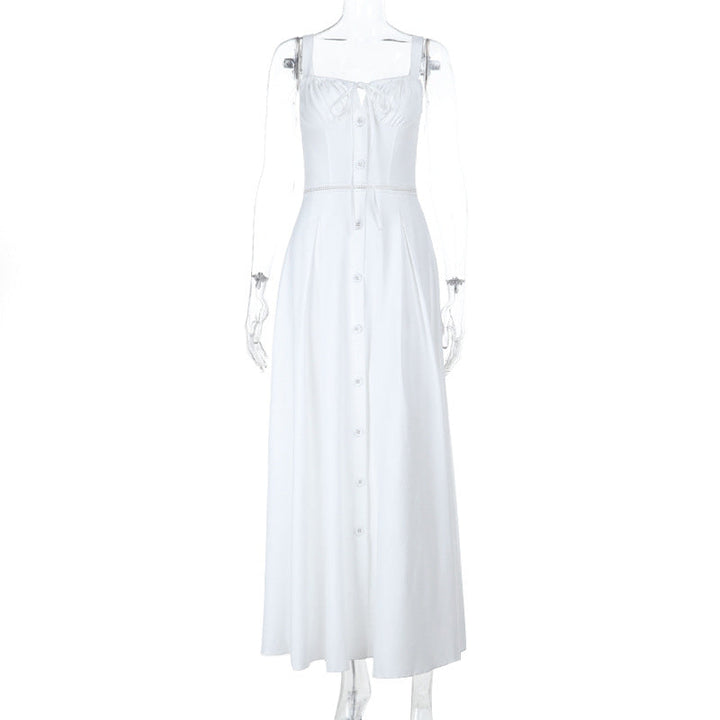 French Slim Fit U Neck Stitching Drawstring Lace up Sexy Waist Tight Cutout Sling Dress