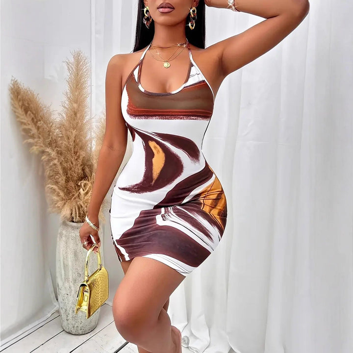 Women Clothes Printed Backless Lace up Skinny Sheath Sexy Cami Dress