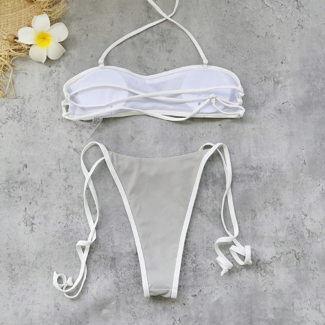 Halter Strap Solid Color Tube Top Low Waist Bikini Sexy Backless Briefs Split Swimsuit Women