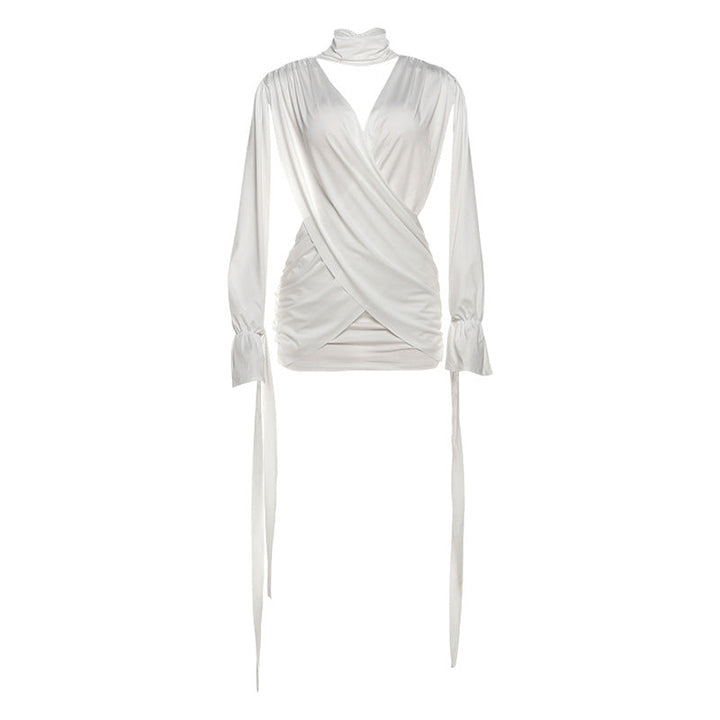 Autumn Winter Women Solid Color Sexy Hollow Out Cutout Long Sleeved Deep V Plunge neck Cross Stitching Hip Dress