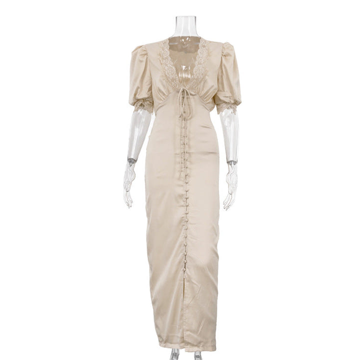 Lace Stitching Elegant Dress Summer Women Clothing V neck Puff Sleeve Single Breasted Sheath Dress
