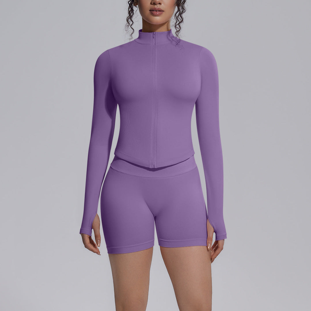 Seamless Knitted Long Sleeve Zipper Yoga Jacket Tight V Waist Yoga Shorts Fitness Yoga Wear Set for Women