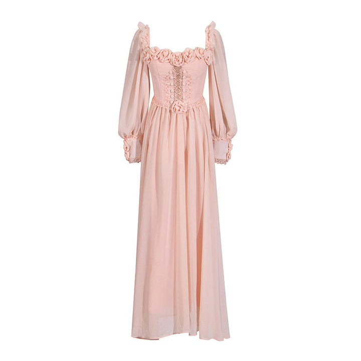 Private Clothing Socialite Summer Sexy Square Collar Three Dimensional Floral Decoration Drawstring Lantern Sleeve Dress Women