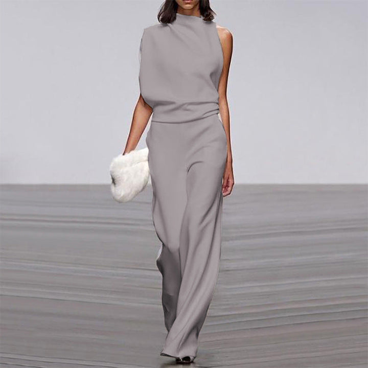 Women Pants Solid Color One Shoulder Pile Collar Jumpsuit Popular Dress Trousers