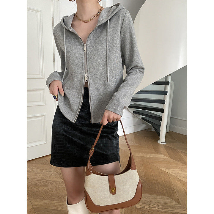 Sinan French Tight Waist Cut Super Slimming Double Zipper Hooded Sweatshirt Slim Coat Early Autumn