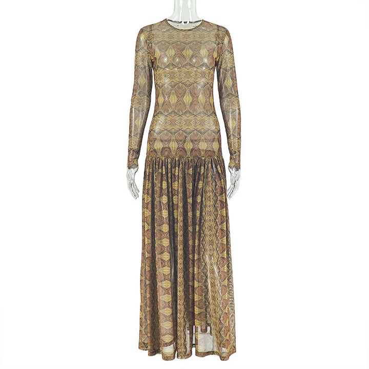Elegant Retro Women Waist Slimming Micro Transparent A line Printing round Neck Long Sleeved Dress