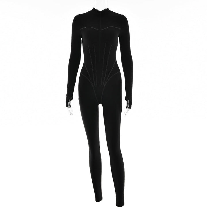 Women Clothing Sexy Tight Zipper Jumpsuit Autumn Long Sleeve round Neck Leggings