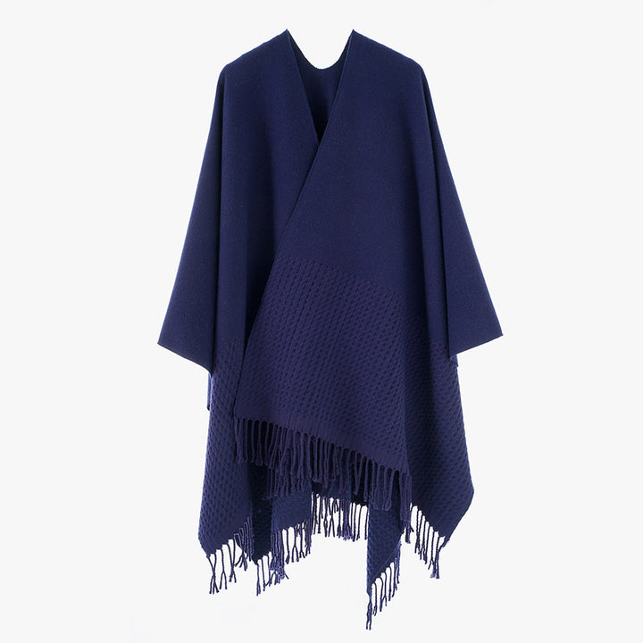 Solid Color Cashmere like Tassel Large Split Shawl Warm Monochrome Cape Plain Shawl
