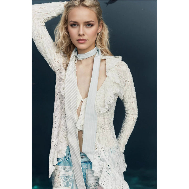 Lace V neck Shirt Women Autumn Ruffles Cardigan Long Sleeve Short Knitted Top