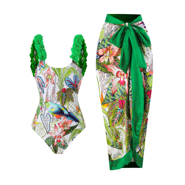 One Piece Printed Skirt Conservative Swimwear Two Piece Women Swimsuit