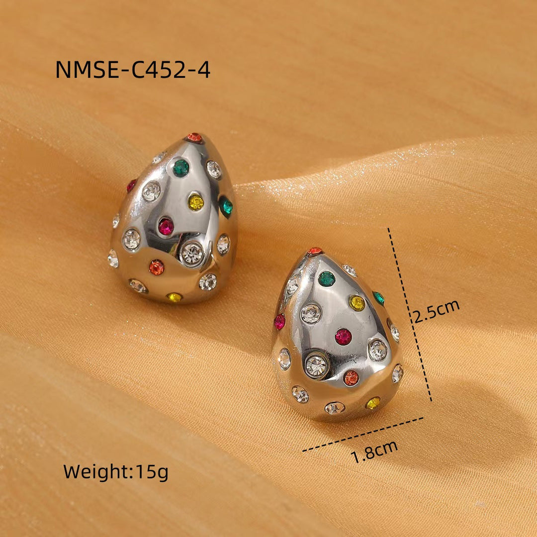18K Gold Chubby Water Drop Stainless Steel Earrings Women Fashionable Diamond-Embedded Titanium Steel Ear Studs Earrings