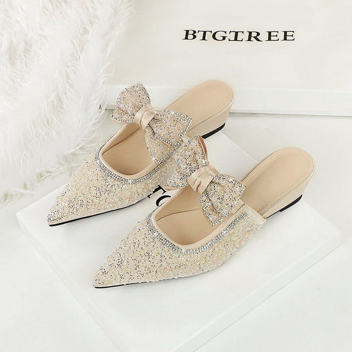 French Fairy Bow Pearl Rhinestone Closed Toe Slippers Women Outer Wear High Class Elegant Slip on Women Shoes