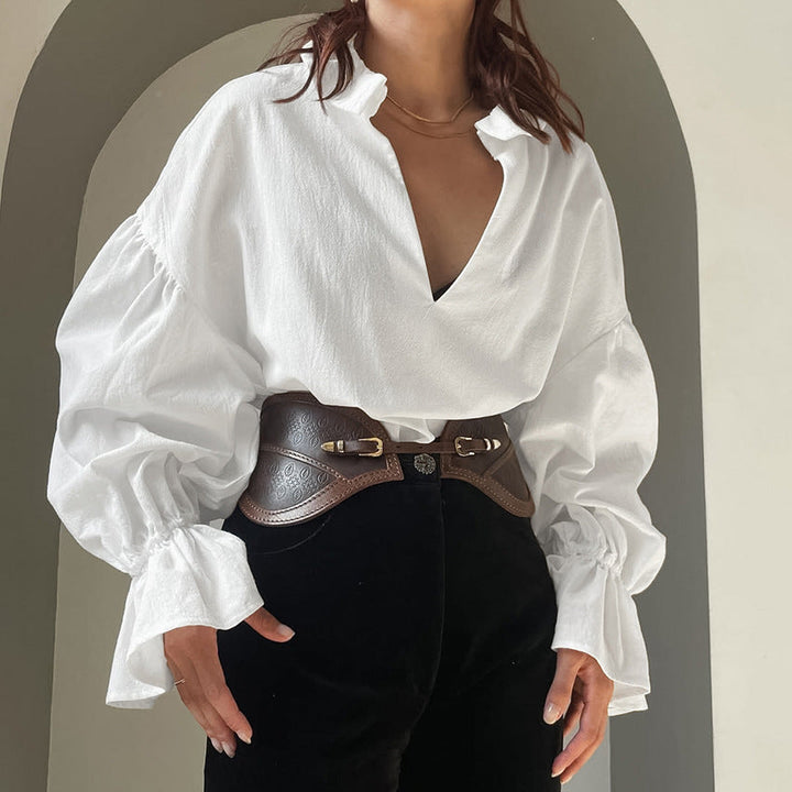 Spring Women Clothing Cotton White Shirt Texture Loose V neck Puff Sleeve Long Sleeved Top