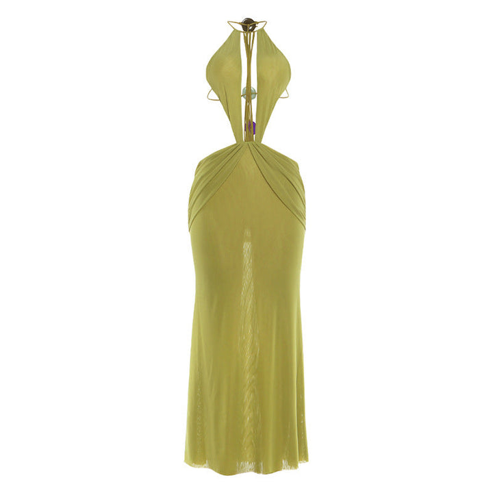 Spring Sexy Backless Halter Solid Color Mesh Dress Women Clothing