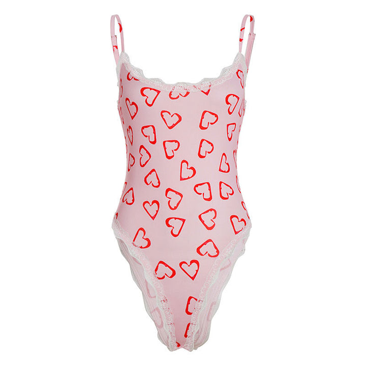 Sweet Spicy Girly Heart Printing Lace Stitching Jumpsuit Women Sexy Backless Slim Fit Sling Small Top