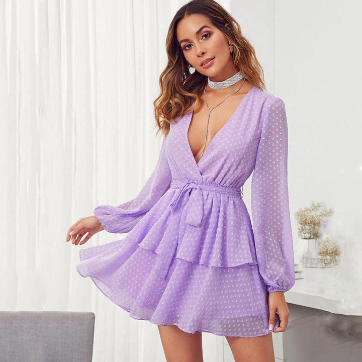 Women Summer Fashion V-neck Double Layer Lower Hem with Lace Polka Dot Dress