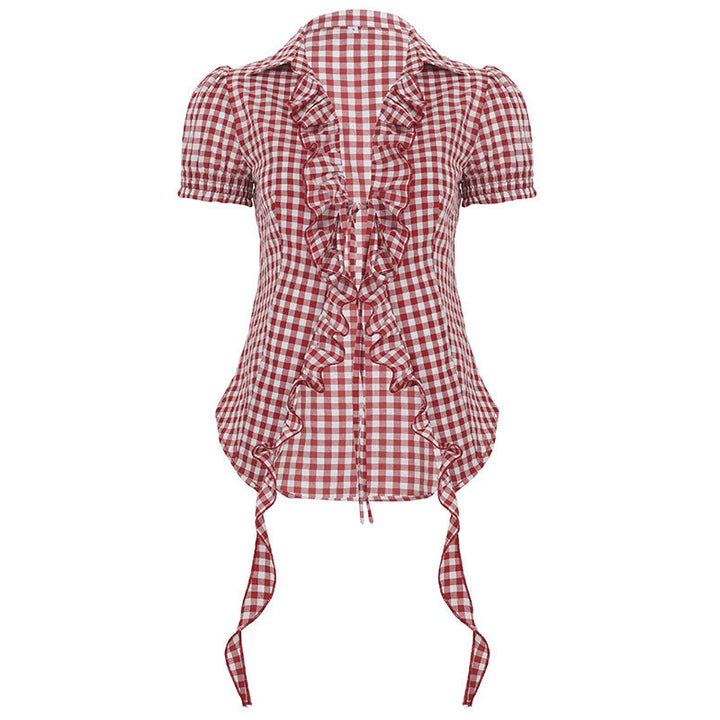 Red Plaid Overshirt Women Clothing Pleated Stringy Selvedge Lace up Puff Sleeve Short Sleeve T shirt