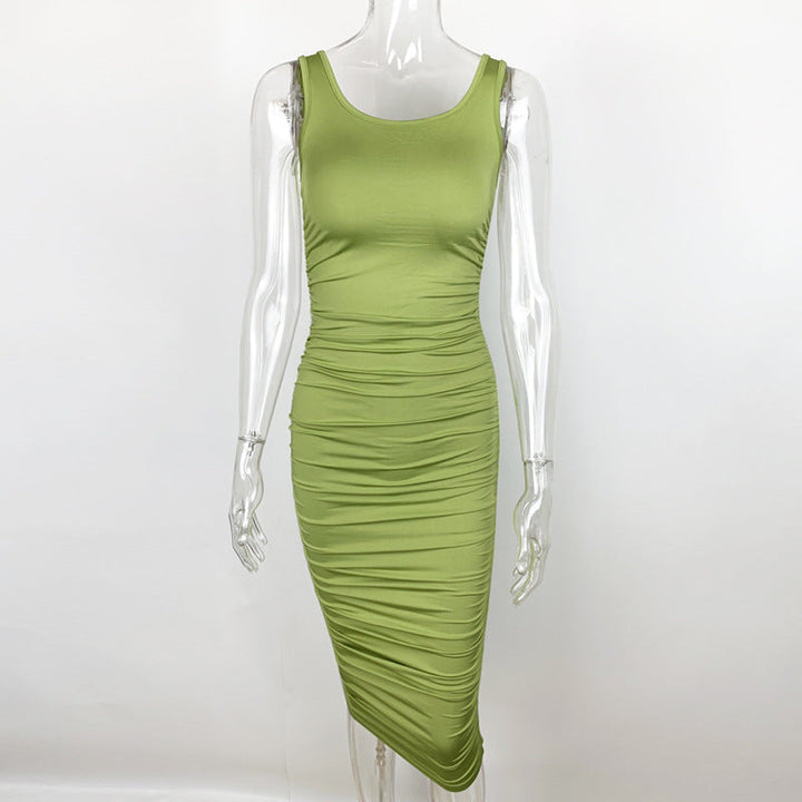 Summer Sexy Women Wear Solid Color Tight Backless Sleeveless Pleated Dress