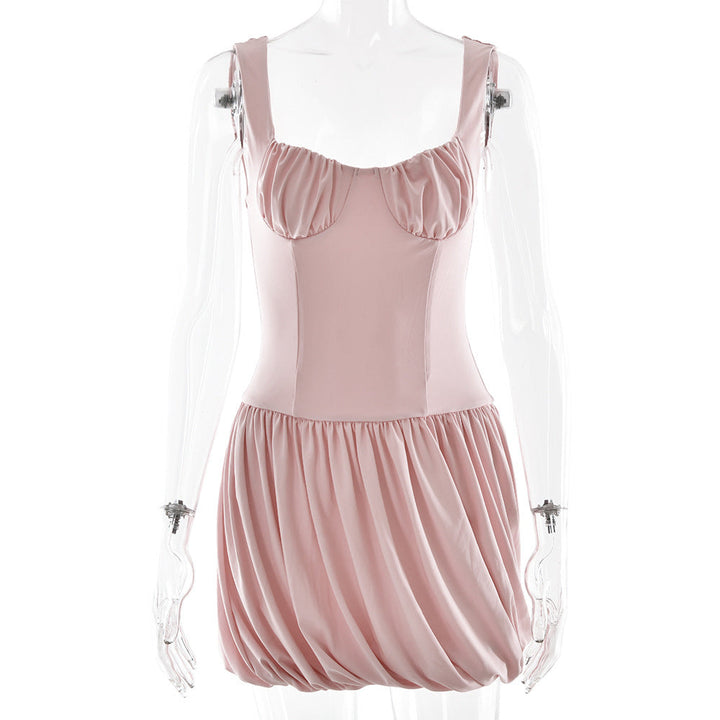 Strap Tube Top Dress Sexy Waist Trimming Solid Color Pleated Sleeveless Dress
