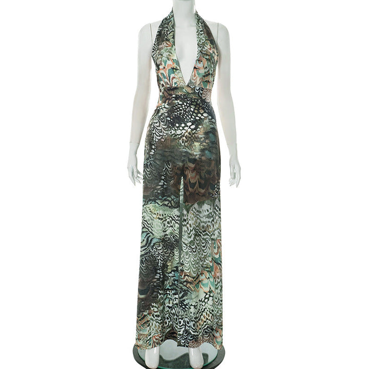 Women Clothing Elegant Halter Deep V Plunge neck Backless Waist Tight Slit Dress Abstract Printing Dress Women