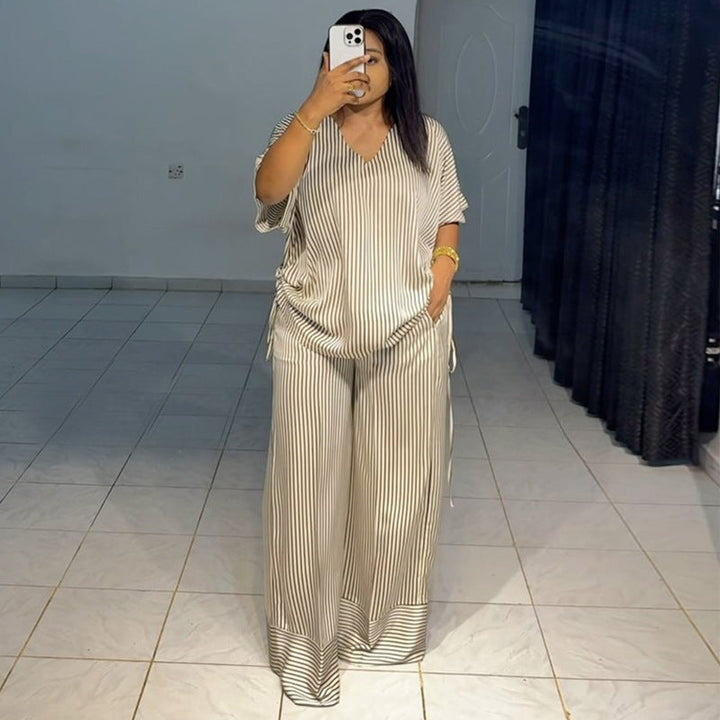 Women Clothing Summer Casual Loose V neck Striped Short Sleeve Top Wide Leg Trousers Two Piece Sets