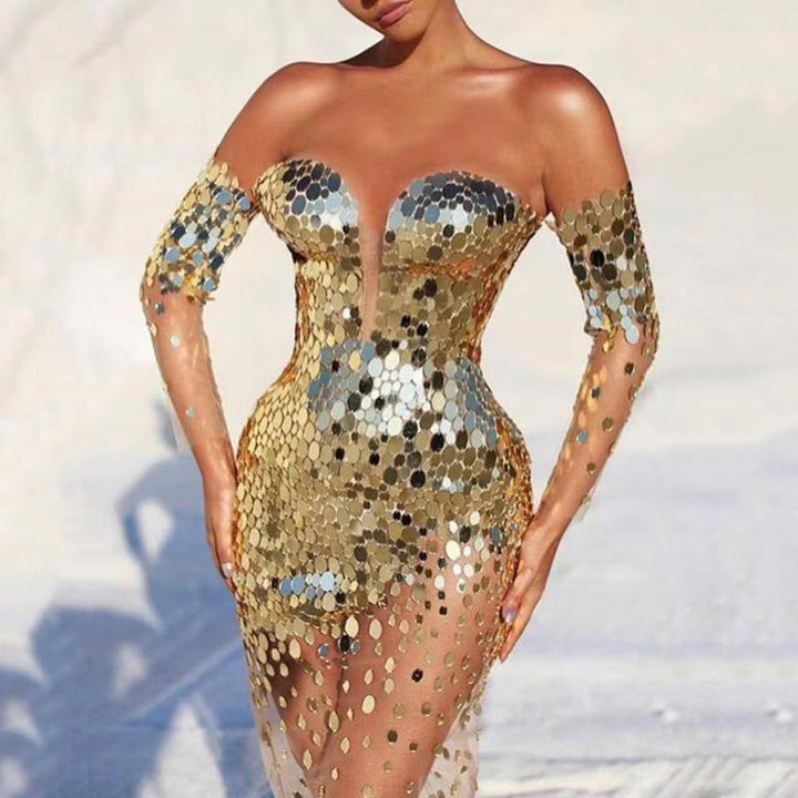 Summer Women Clothing Dress Sequined off Shoulder Sexy Mesh See through Long Evening Dress