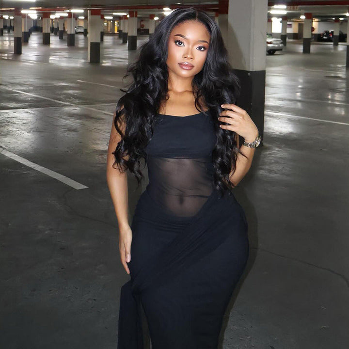 Women Clothing Solid Color Design Slightly Revealed Cropped Hip round Neck Slim Street Maxi Dress