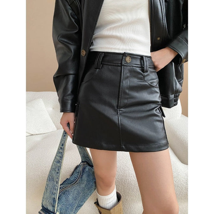 Sinan Early Autumn Retro Workwear Pocket Faux Leather Jacket Coat Skirt Set