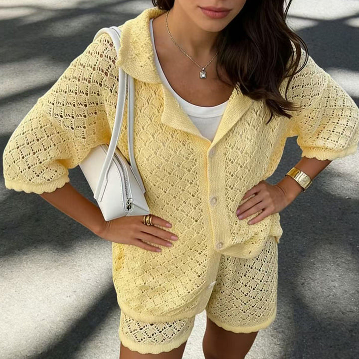 Beach Loose Half Sleeve Suit Casual Vacation Sun Protection Hollow Out Cutout Shorts Beach Cover Up