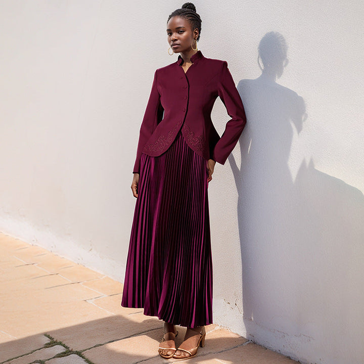 Fashionable Elegant High End Embroidered Stand Collar Single Breasted Top Pleated High Waist Skirt Sets