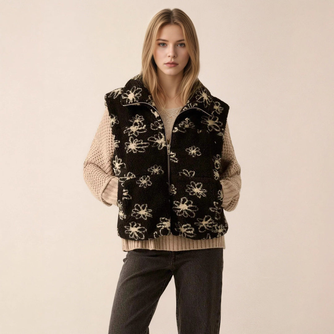 Polo Collar Floral Print Lamb Wool Women Clothing Winter Design Faux Shearling Jacket Sleeveless Coat