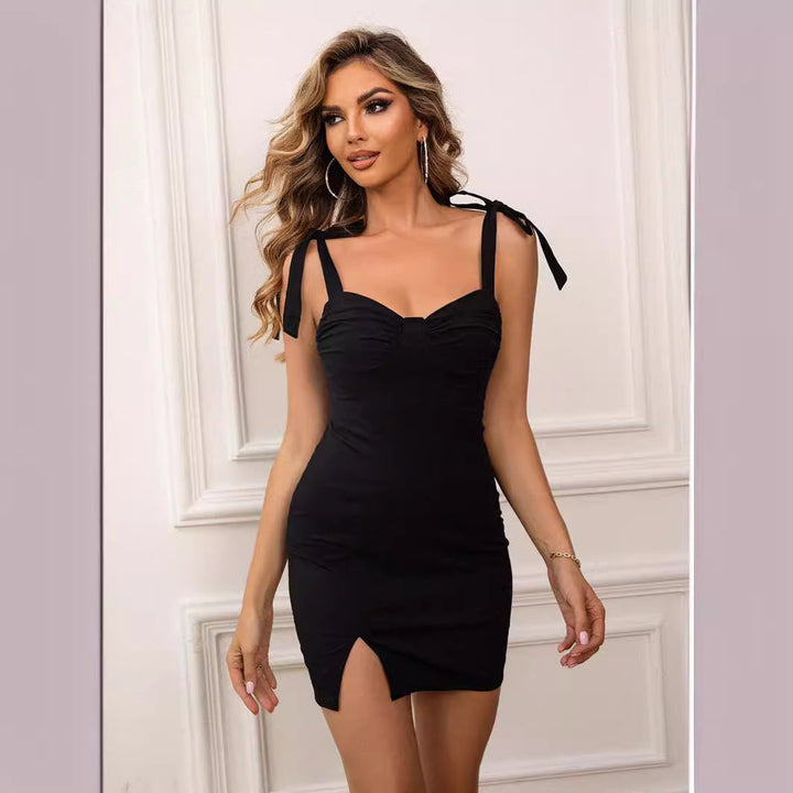 French Hepburn V Neck Strap Dress Summer Retro Split Waist Slimming Short Dress Women Clothing