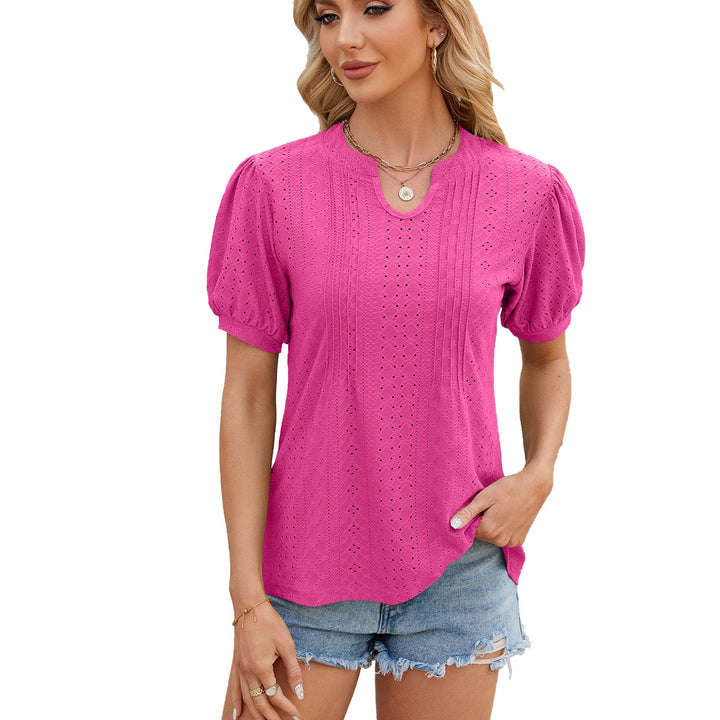 Spring Summer Solid Color V Neck Stripes Loose Short Sleeve T Shirt Women