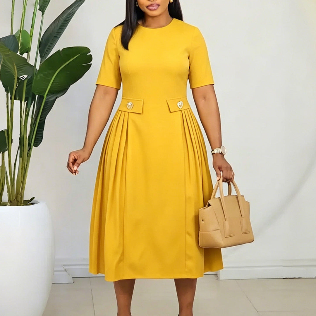 Women Wear Summer round Neck Short Sleeve Elegant Solid Color Midi Dress
