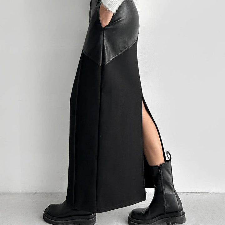 Women Clothing Retro Faux Leather Stitching Design Half Length Skirt Women Wild High Waist Slit Hip Skirt