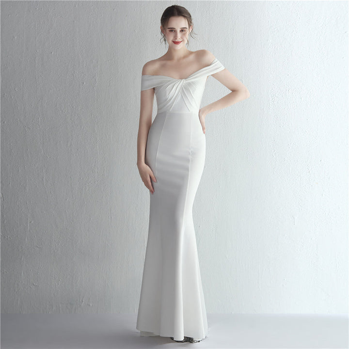Satin Slim off Shoulder Long Debutante Gala Dinner Slimming Fishtail Wedding Car Model Show Dress