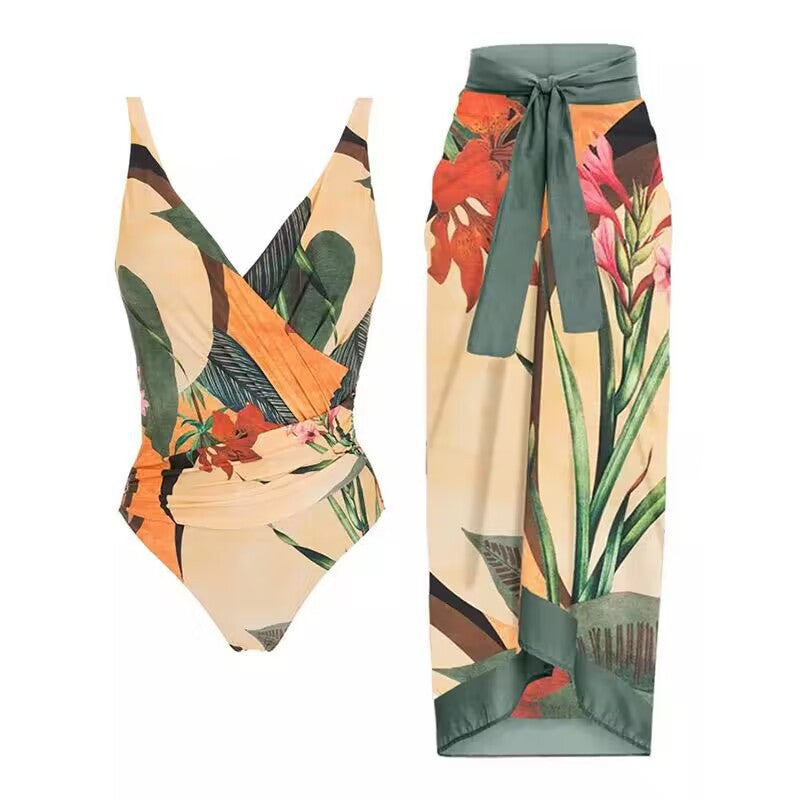 Two Piece Set Swimsuit Cross Belly Covering Printed Backless Sheath Dress Swimsuit