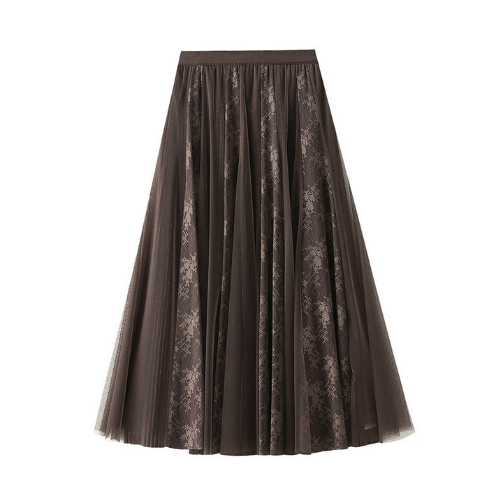 French Lace Mesh Patchwork High Waist Elastic Skirt Women Autumn Front Back Wear Slimming Elegant Maxi Skirt