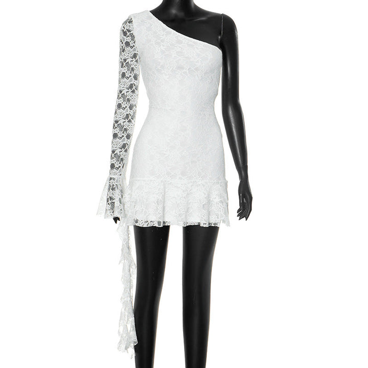 Women Autumn Shoulder Sleeve Ruffles Streamer Long Sleeve Short Dress