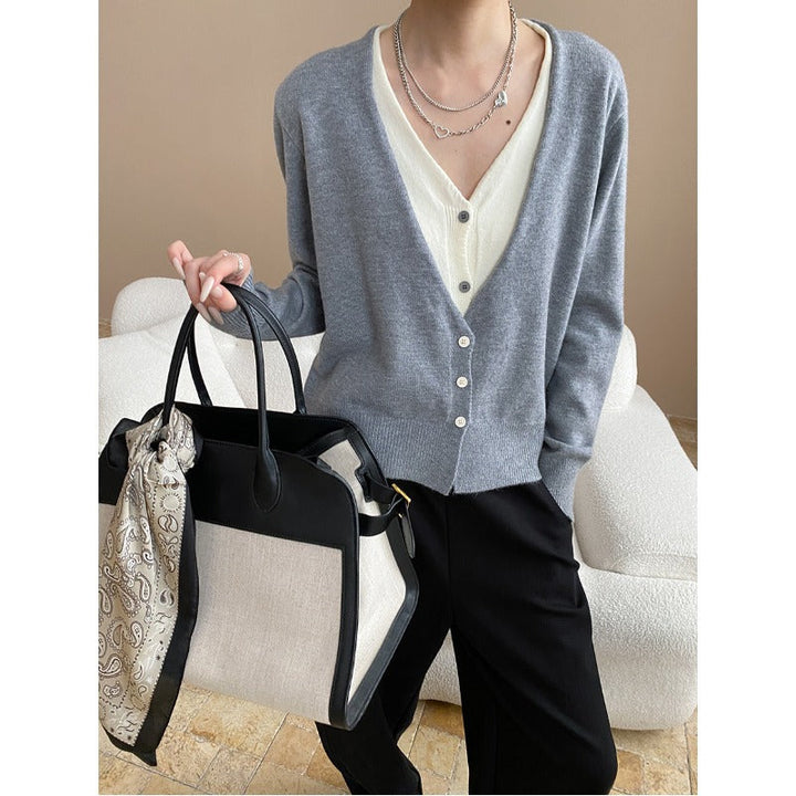 Layered Aesthetics Niche Design Contrast Colors False Two Piece V neck Figure Flattering Knit Cardigan