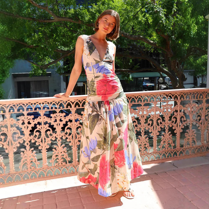 Spring Summer Maxi Dress Internet Celebrity Same Printed Waist Controlled V neck Swing Dress
