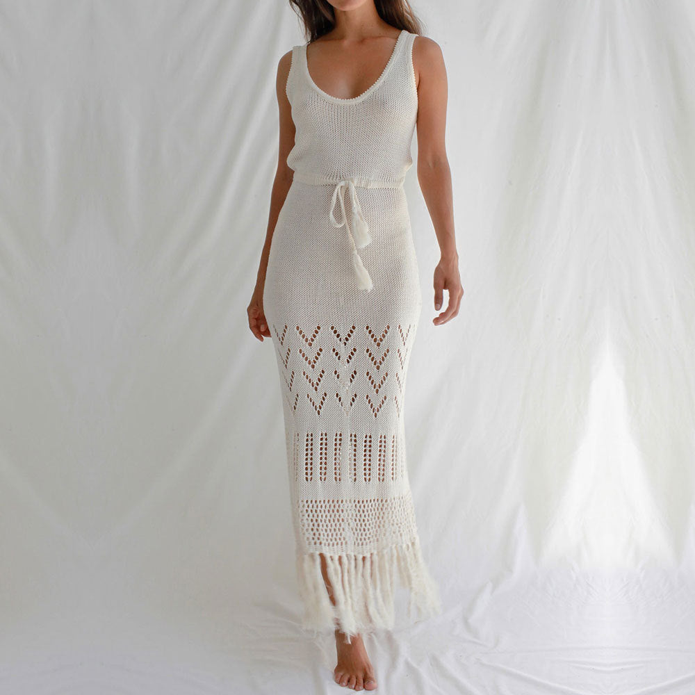 Sunscreen Beach Dress Hollow Out Cutout out Strap Women Maxi Dress with Tassel Bikini Swimsuit Blouse