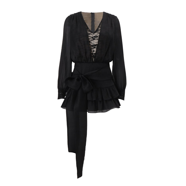 Autumn French Pure Lace Splicing Sexy V neck Long Sleeve Dress
