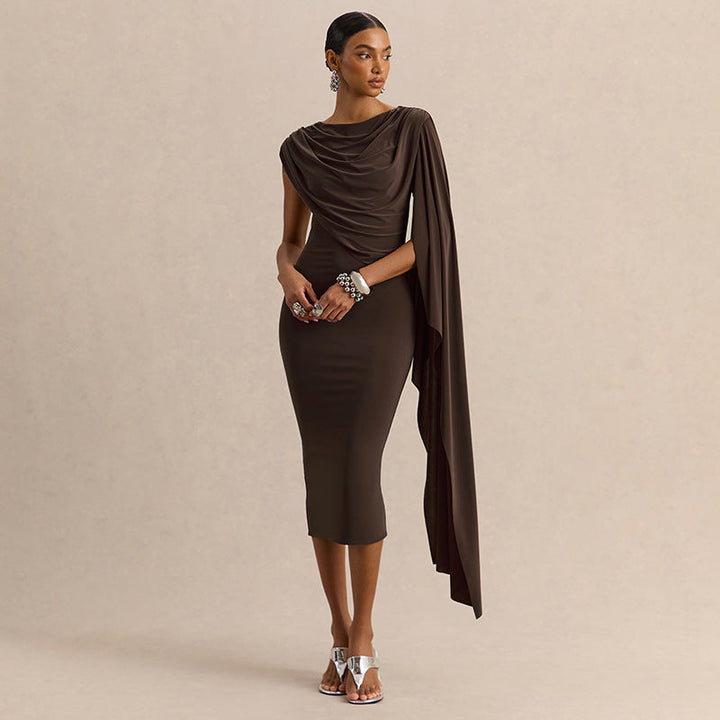 Women Clothing Summer Solid Color Casual Shawl Sleeveless Irregular Asymmetric Swing Collar Slim Dress