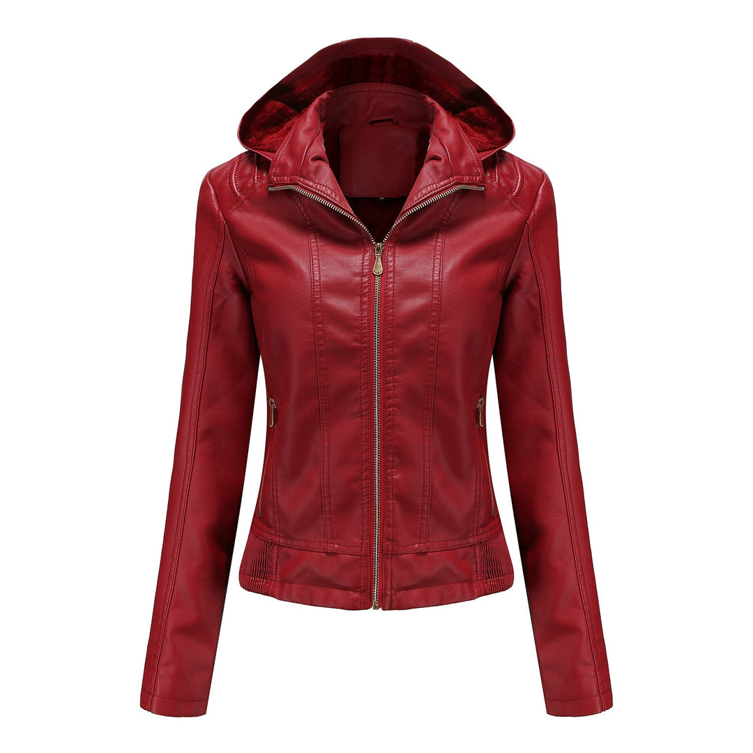 Fall Winter Hooded Leather Coat Women's Detachable Hat Long Sleeve Zipper Fleece-Lined Leather Jacket Slim Coat